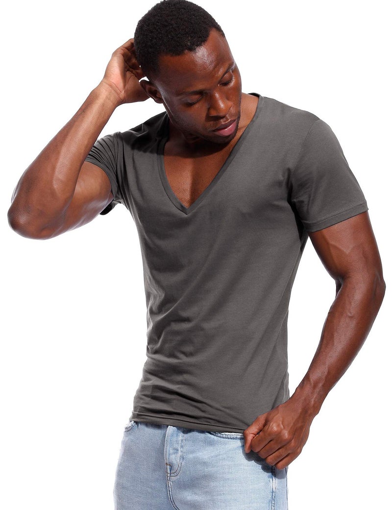 Zbrandy Deep V Neck T Shirt for Men Low Cut Vneck Invisible Tee Vee Top Dark Grey M - Image 2